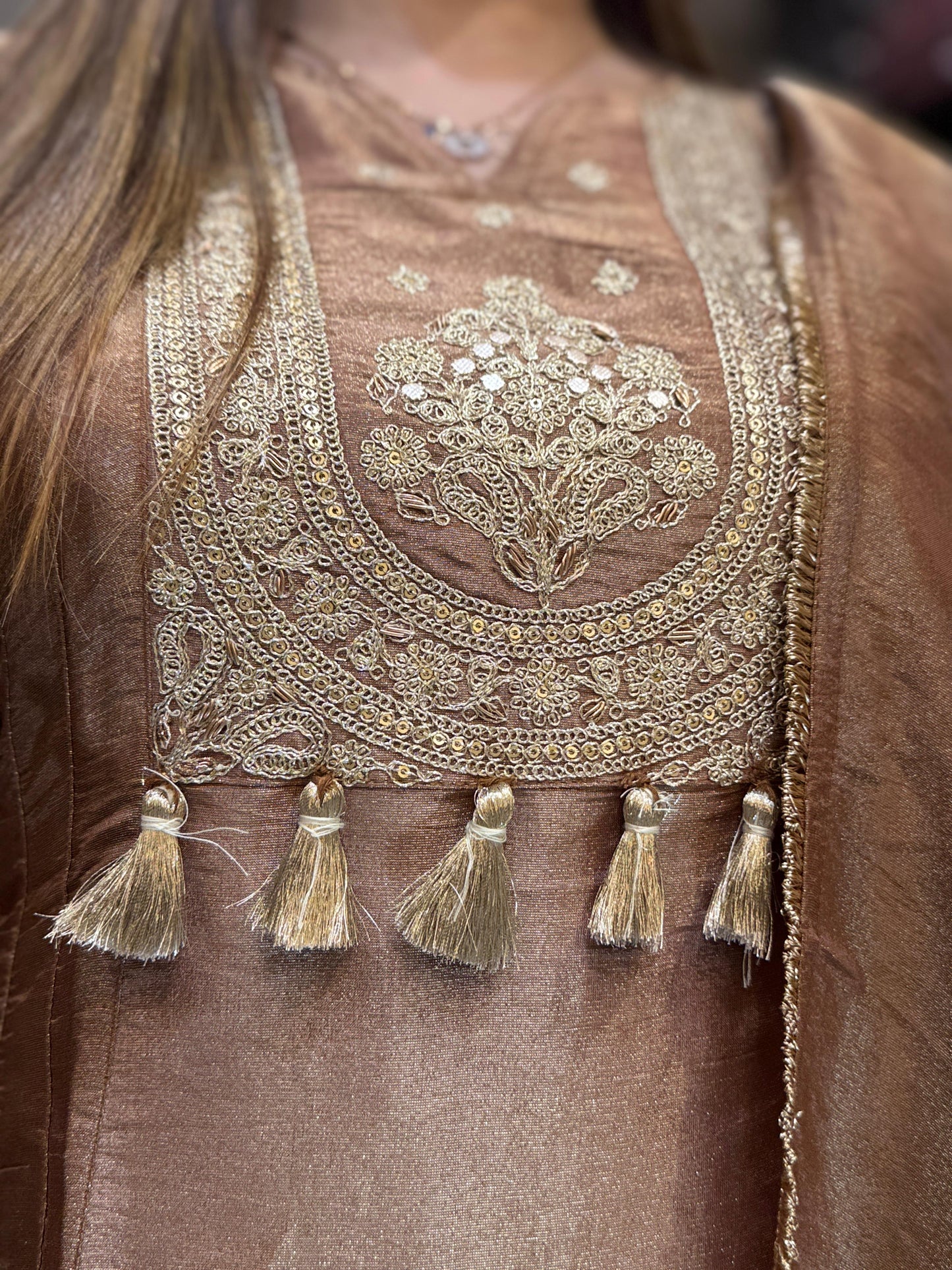 Simmer Tissue Copper Brown A-Line Anarkali 3pc Set