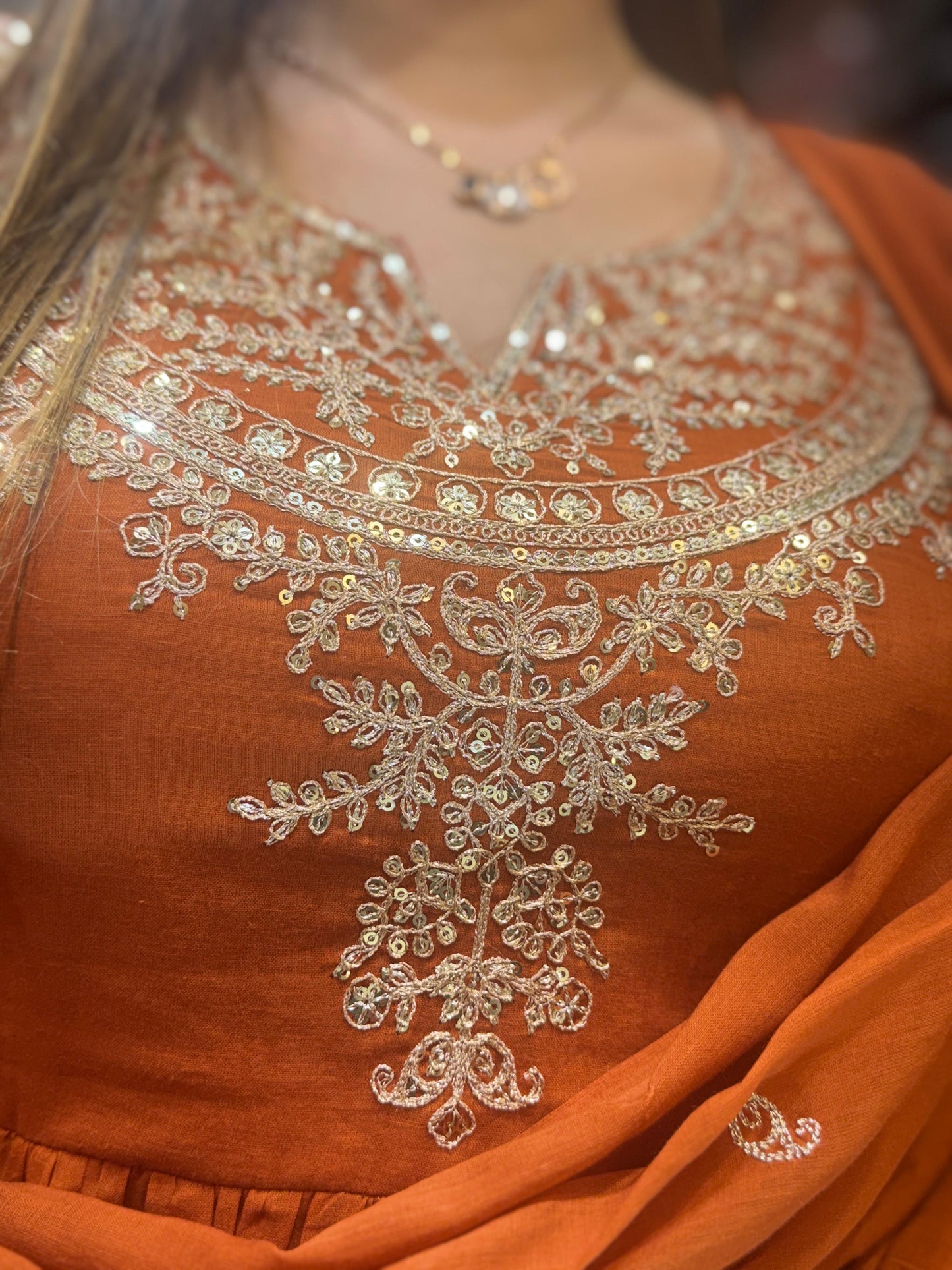 Mull Cotton Rust Orange Anarkali 3pc Set