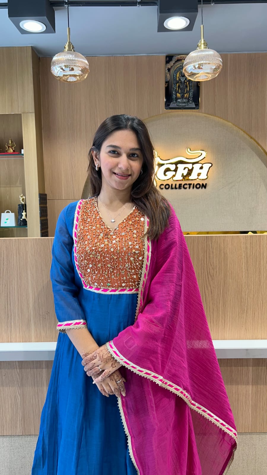 Banaras Mull Chanderi Blue Shoulder Anarkali 3pc Set