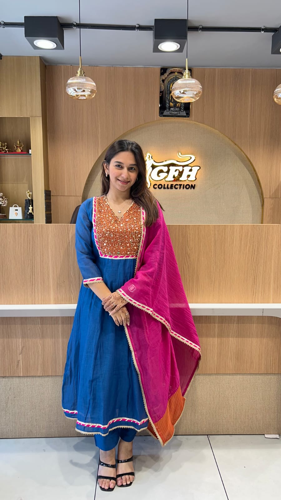 Banaras Mull Chanderi Blue Shoulder Anarkali 3pc Set