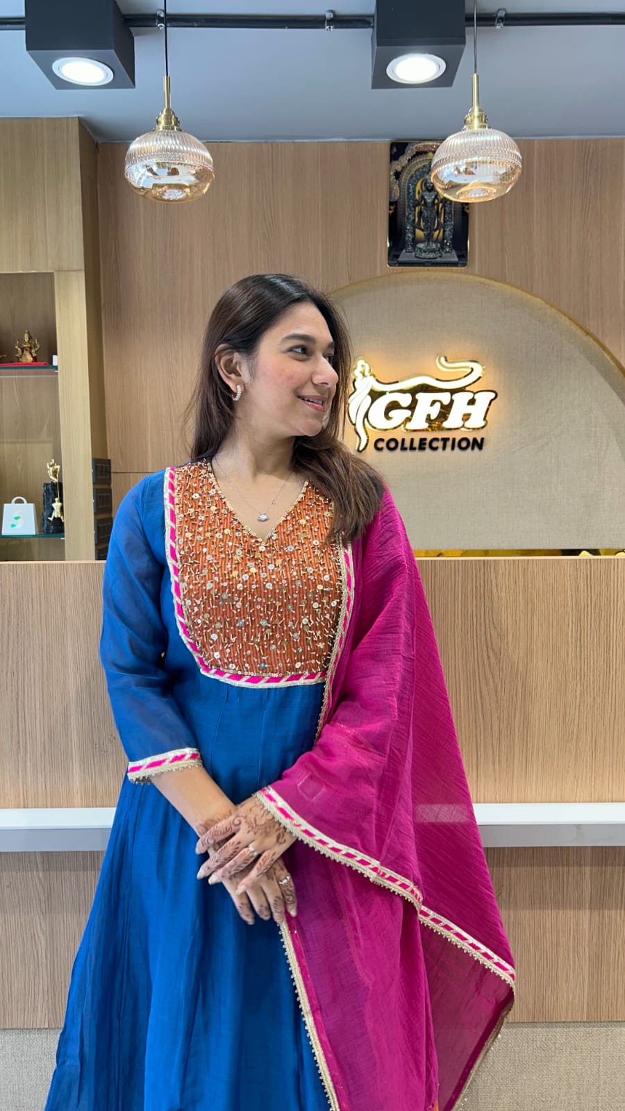 Banaras Mull Chanderi Blue Shoulder Anarkali 3pc Set