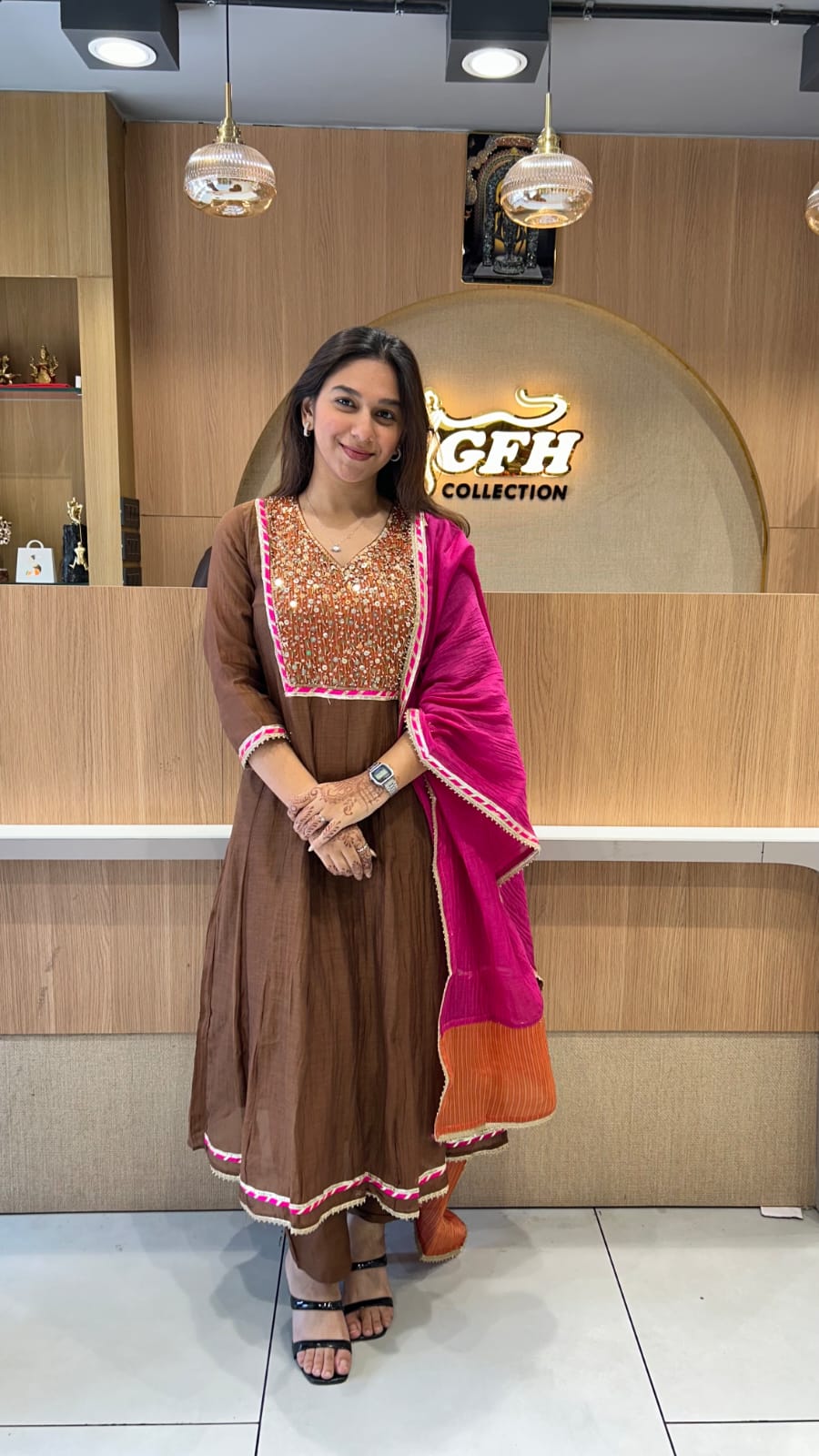 Banaras Mull Chanderi Brown Shoulder Anarkali 3pc Set