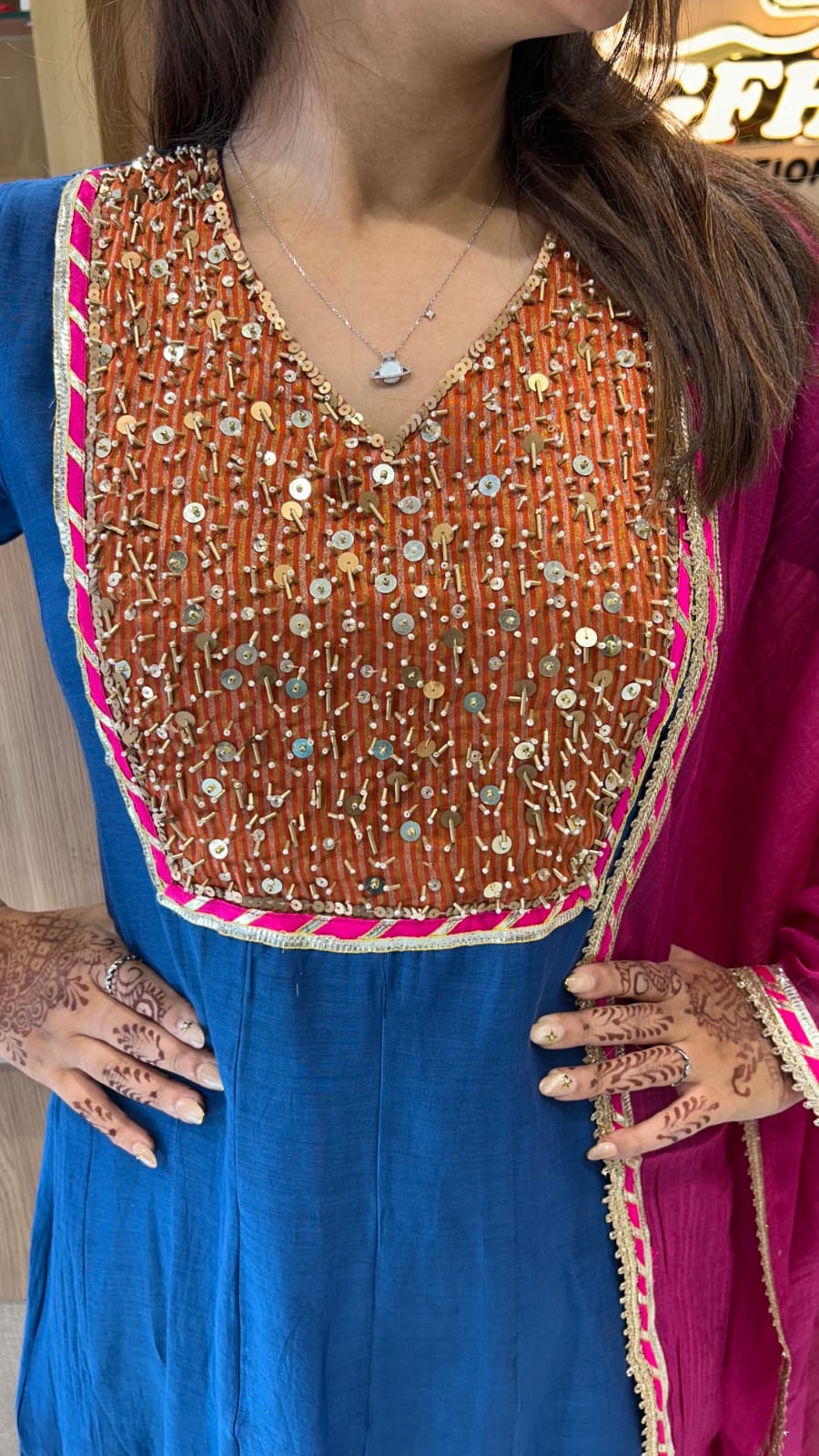 Banaras Mull Chanderi Blue Shoulder Anarkali 3pc Set