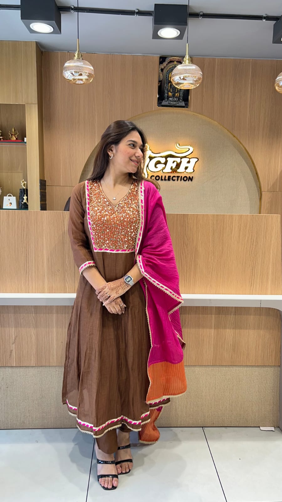 Banaras Mull Chanderi Brown Shoulder Anarkali 3pc Set