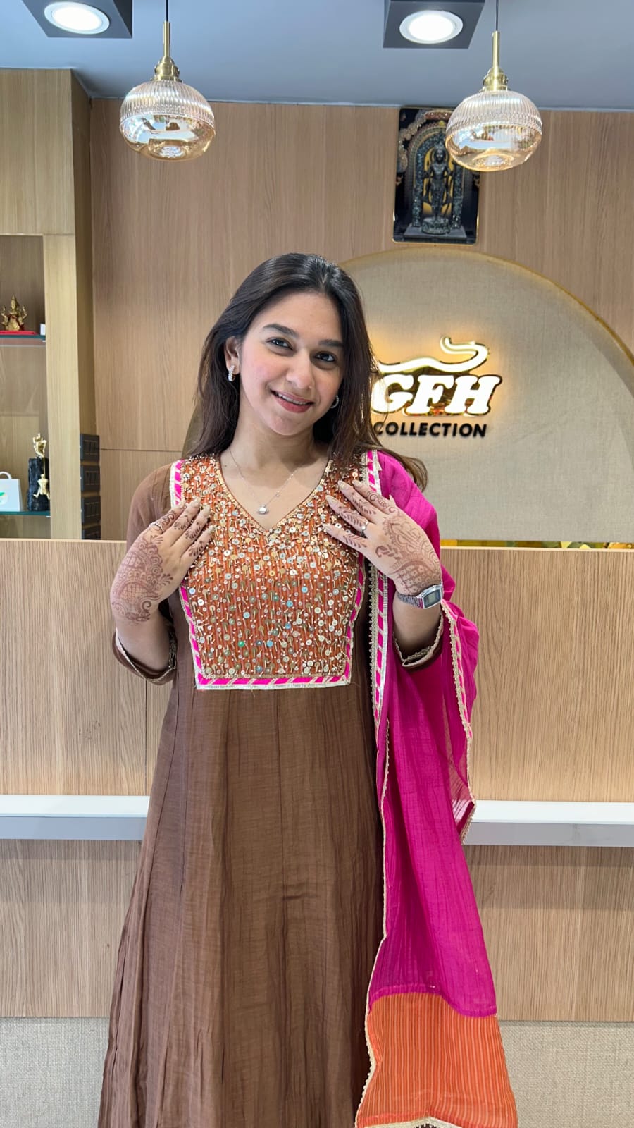 Banaras Mull Chanderi Brown Shoulder Anarkali 3pc Set