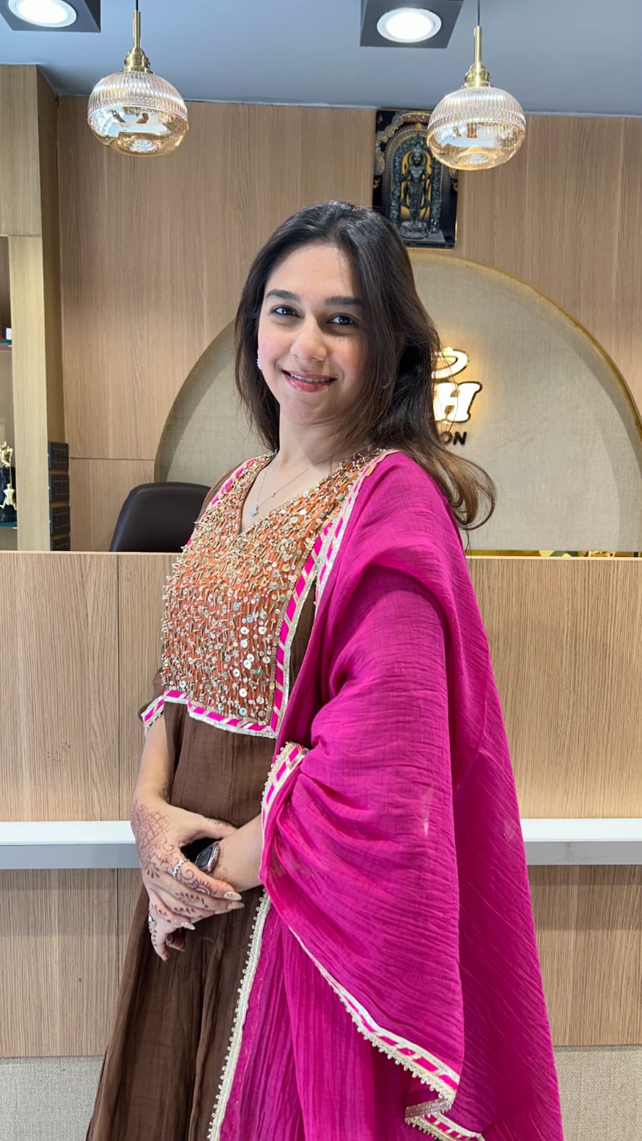 Banaras Mull Chanderi Brown Shoulder Anarkali 3pc Set