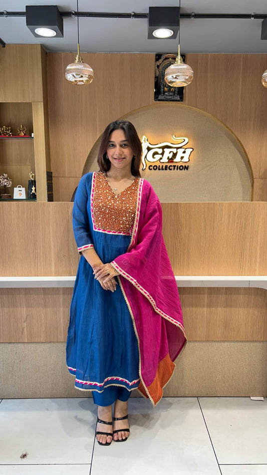 Banaras Mull Chanderi Blue Shoulder Anarkali 3pc Set