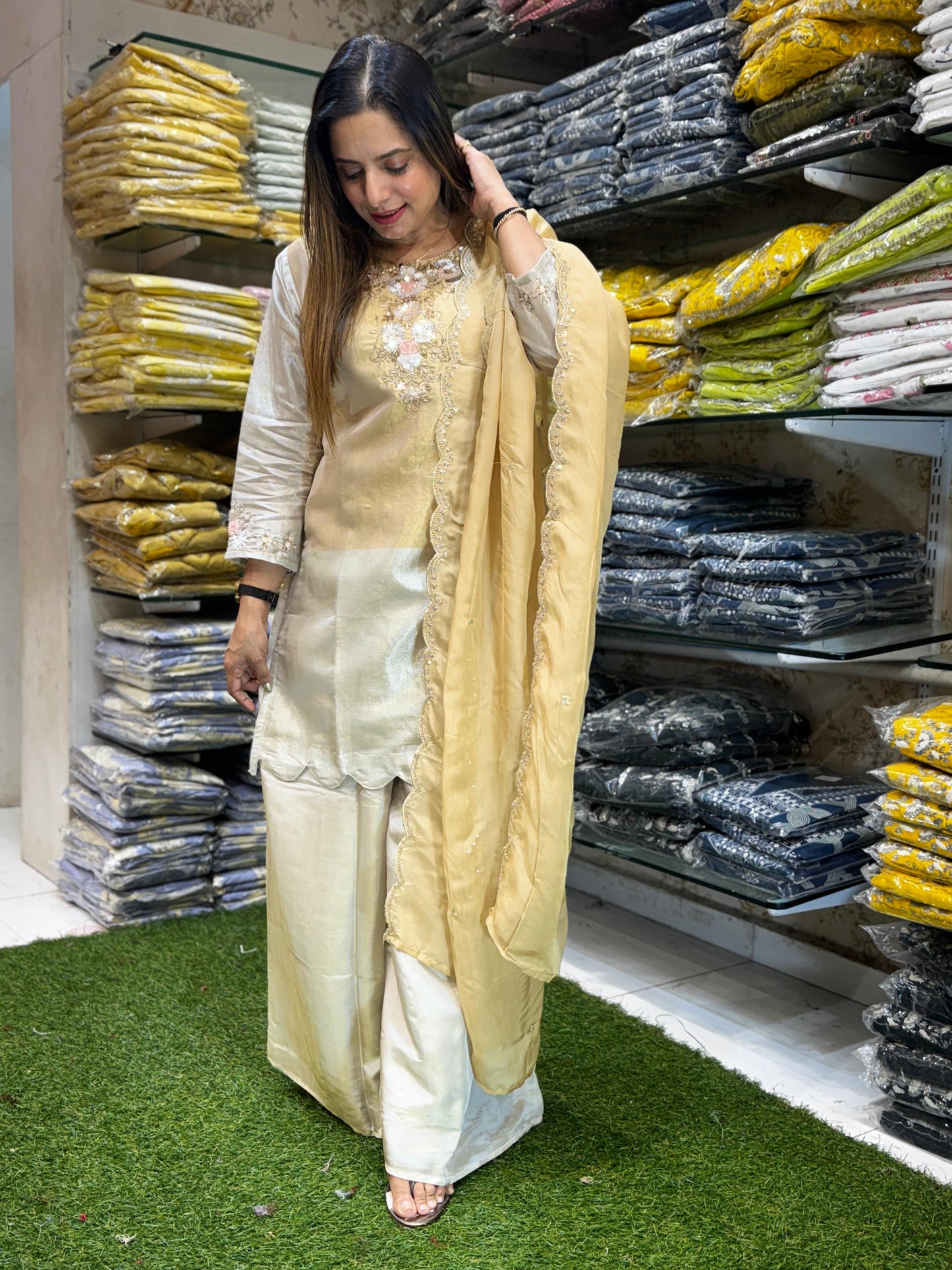 Chanderi Simmer Ivory And Light Gold 3pc Set