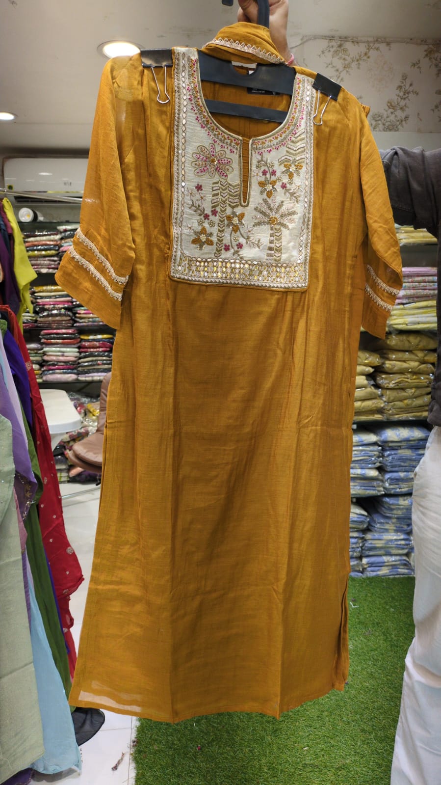 Banaras Mull Chanderi Mustard Yellow 3pc Set