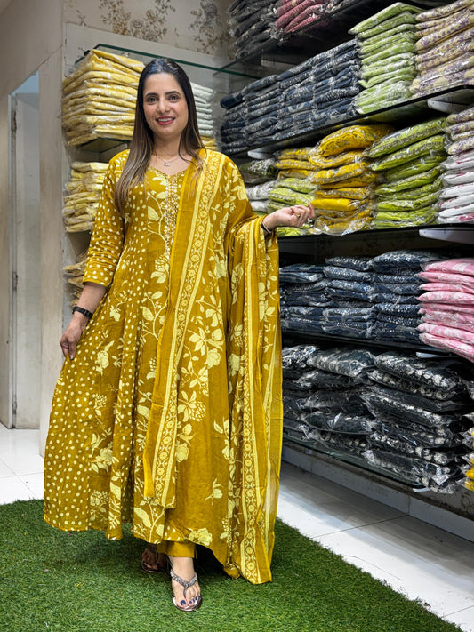 Mull Cotton Mustard Yellow Shoulder Anarkali 3pc Set