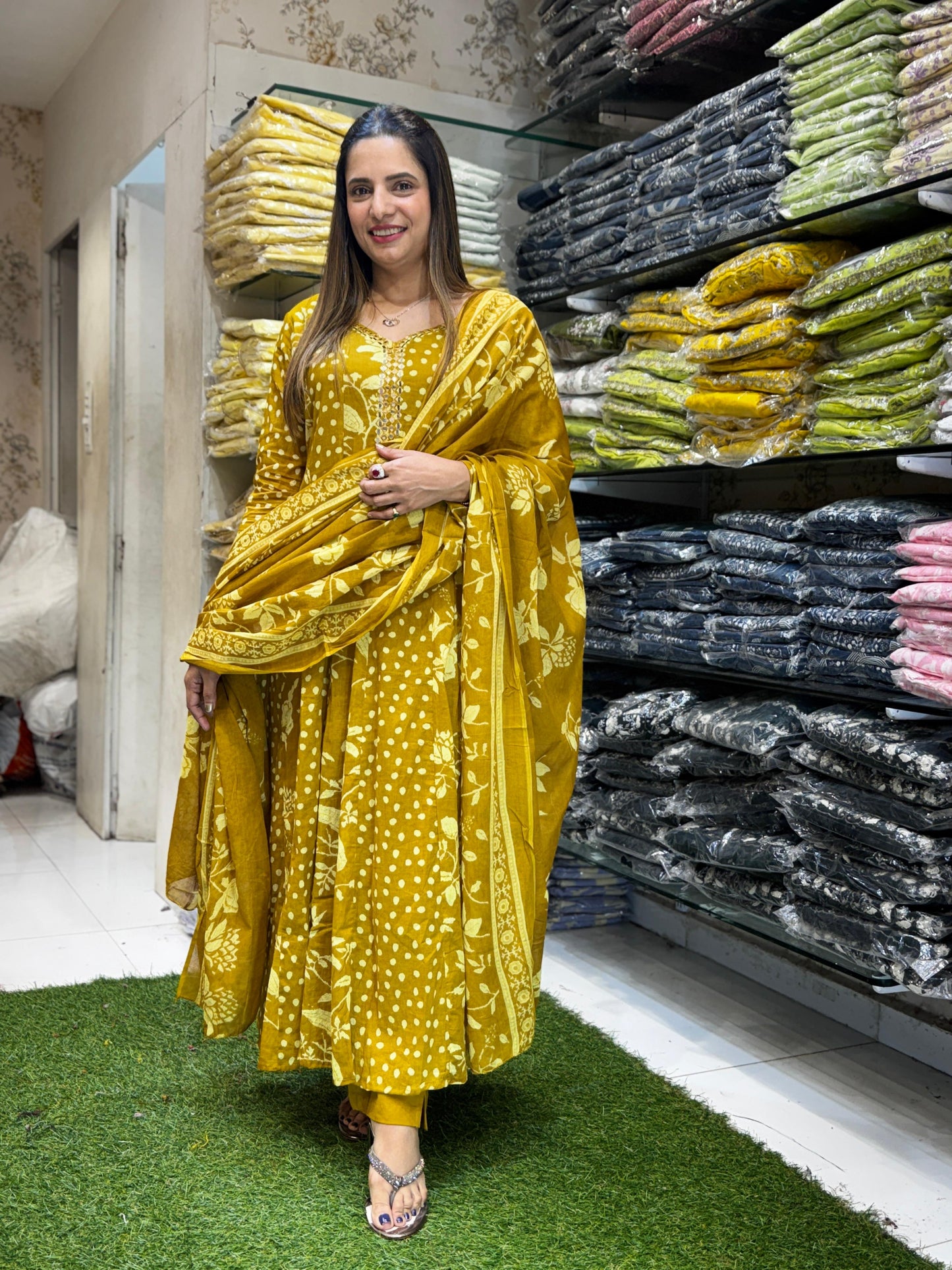 Mull Cotton Mustard Yellow Shoulder Anarkali 3pc Set