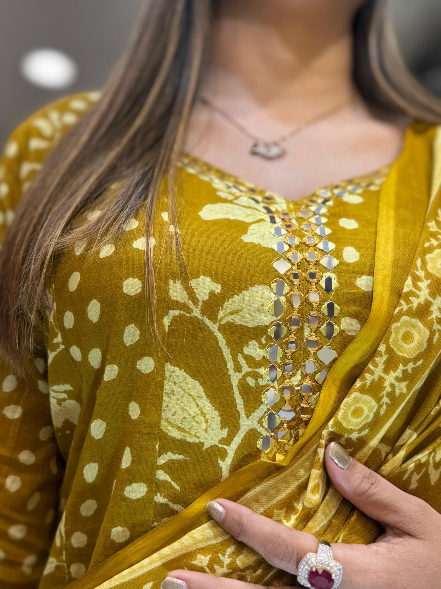 Mull Cotton Mustard Yellow Shoulder Anarkali 3pc Set