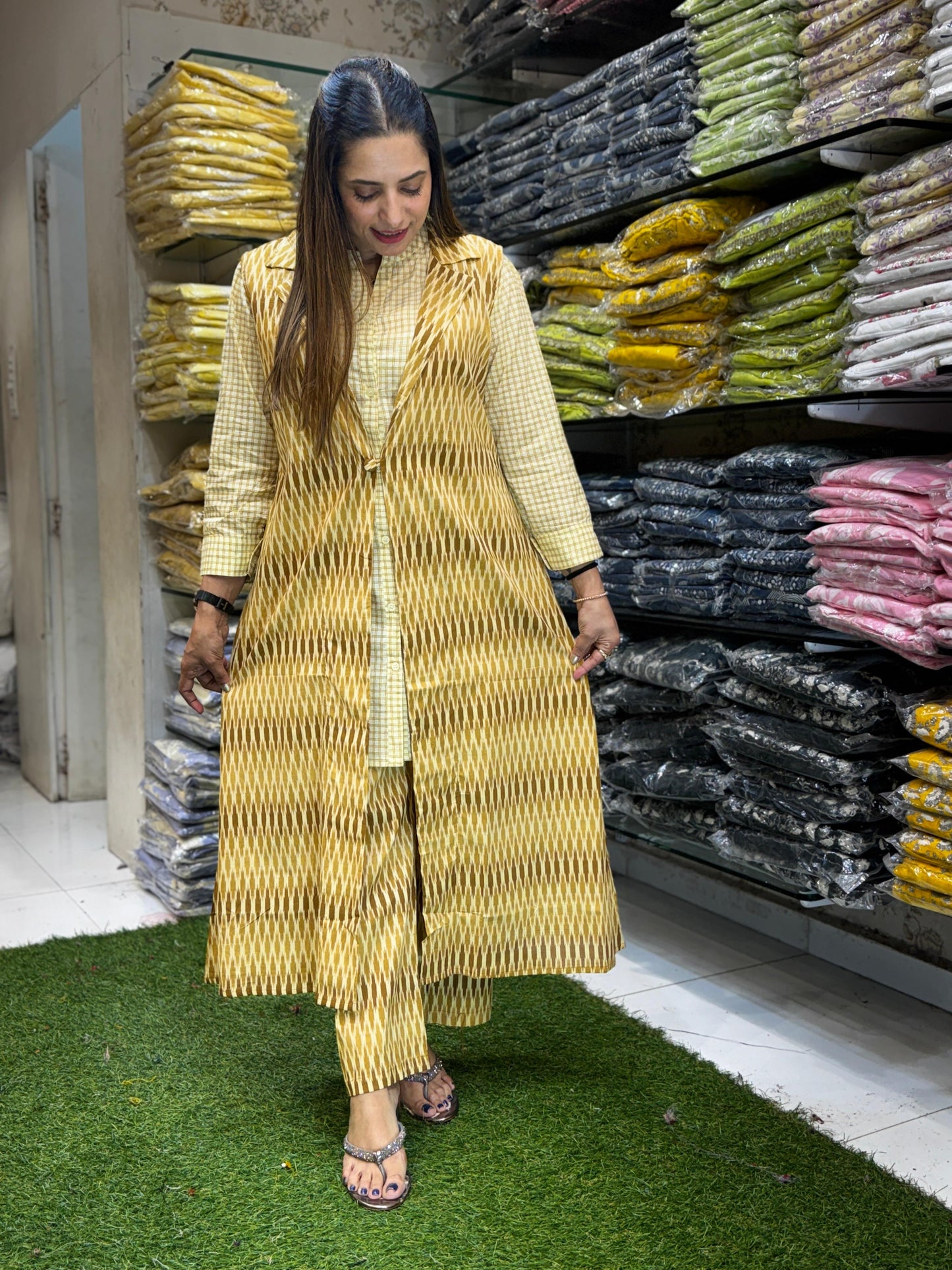 Jaipuri Cotton Yellow 3pc Jacket Set