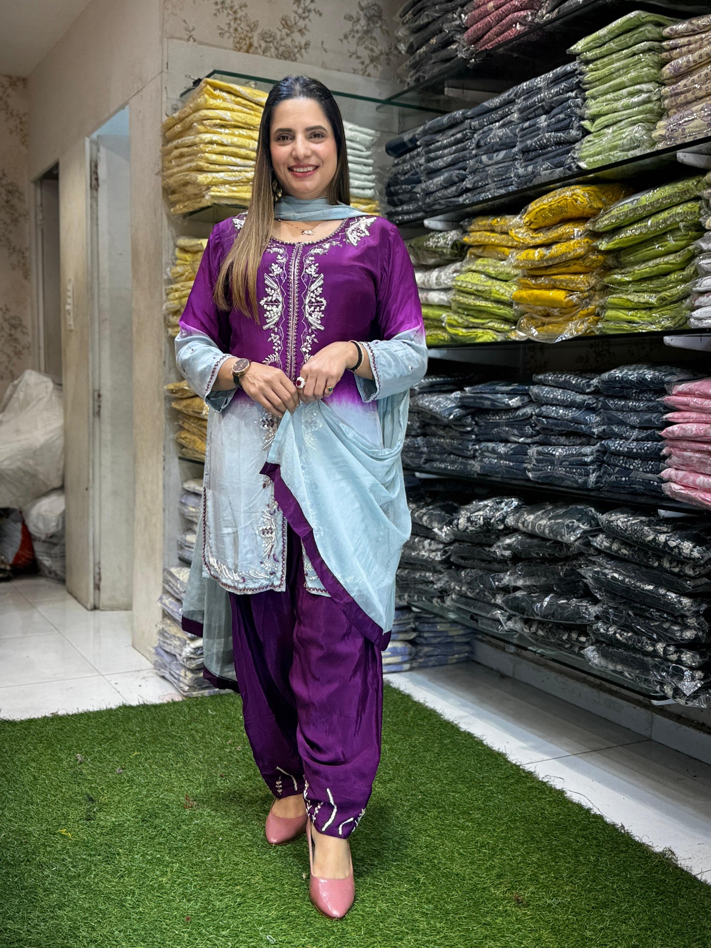 Crep Purple Farsi Salwar 3pc Set