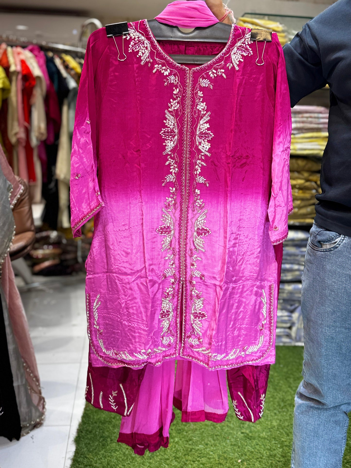 Crep Rani Pink Farsi Salwar 3pc Set
