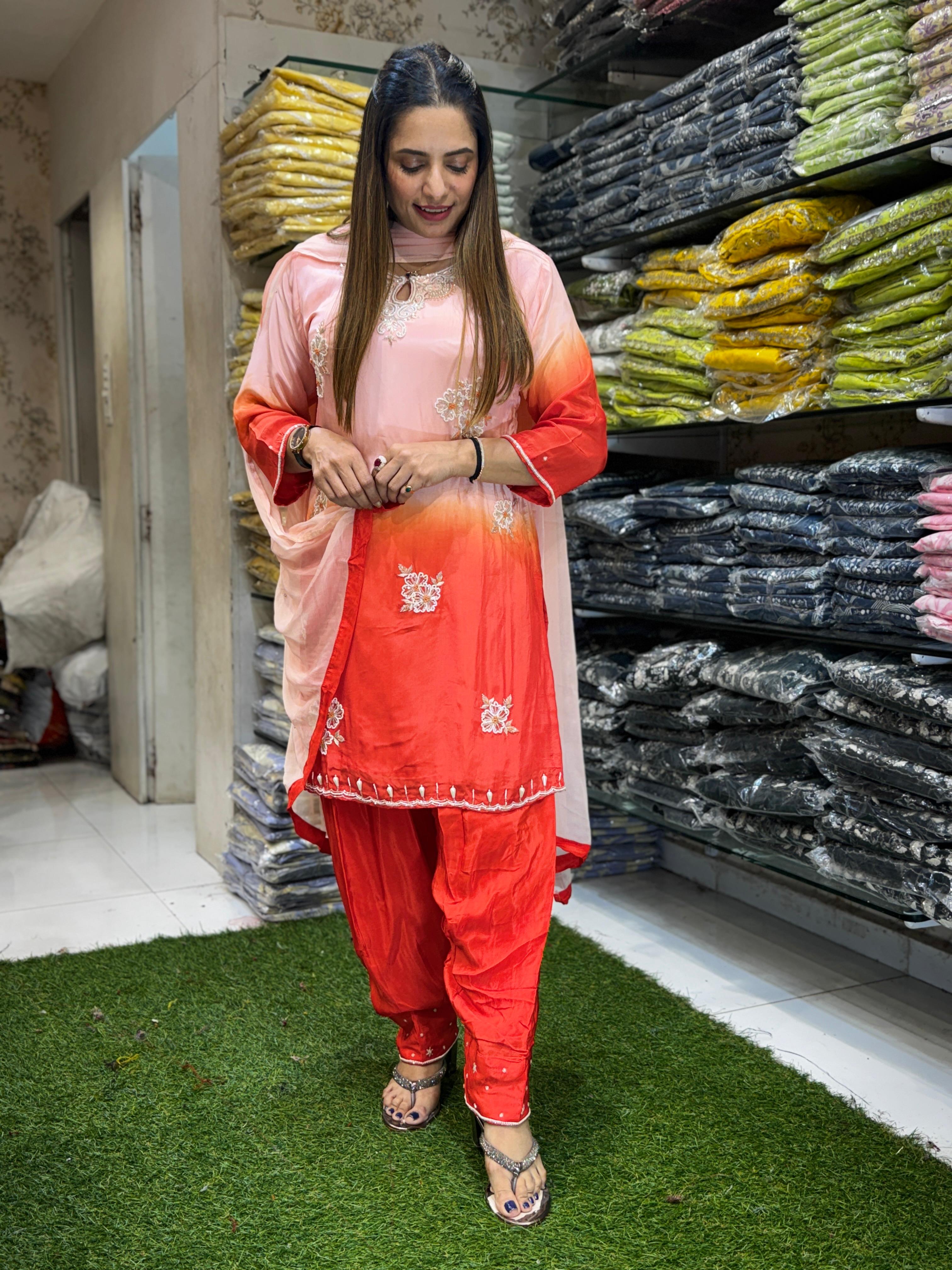 Crep Peach And Orange Farsi Salwar 3pc Set