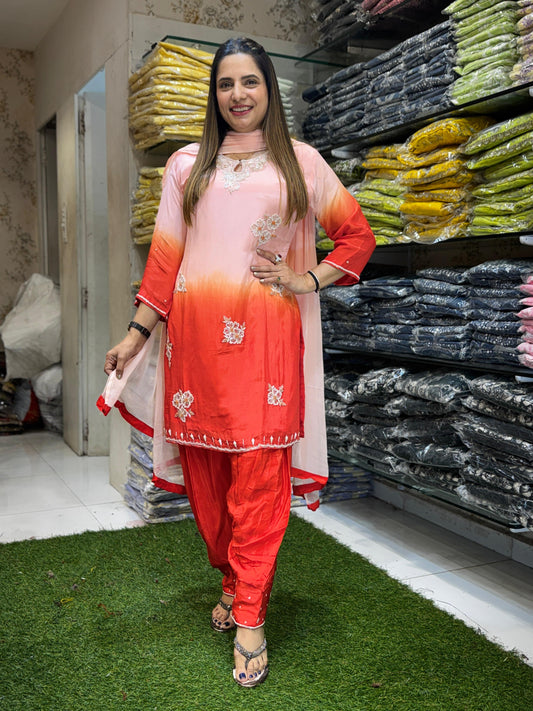 Crep Peach And Orange Farsi Salwar 3pc Set