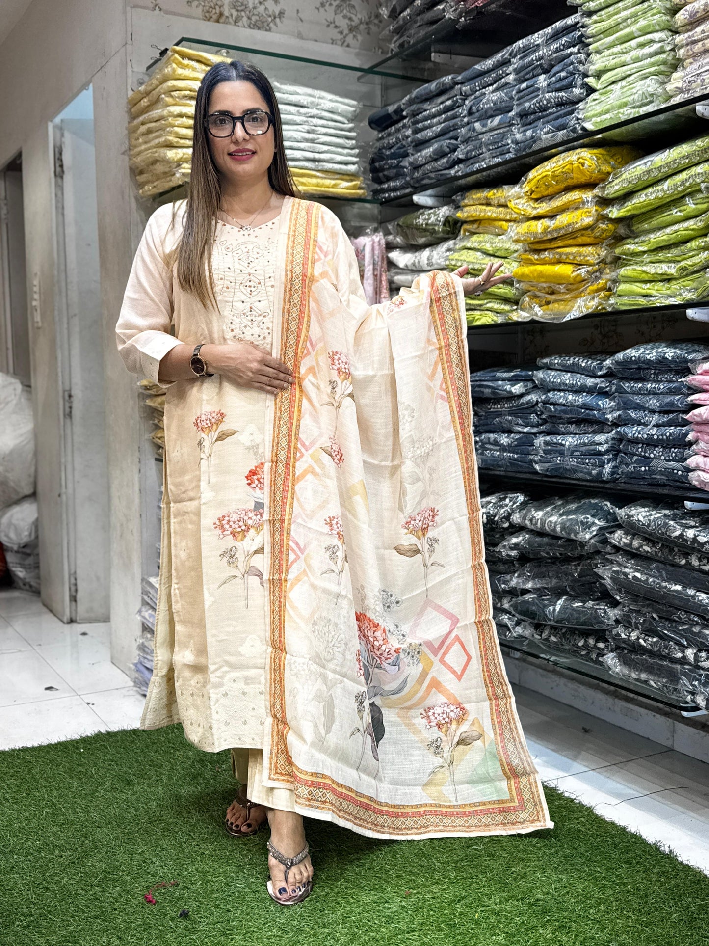Linen Jamdani Light Peach 3pc Set