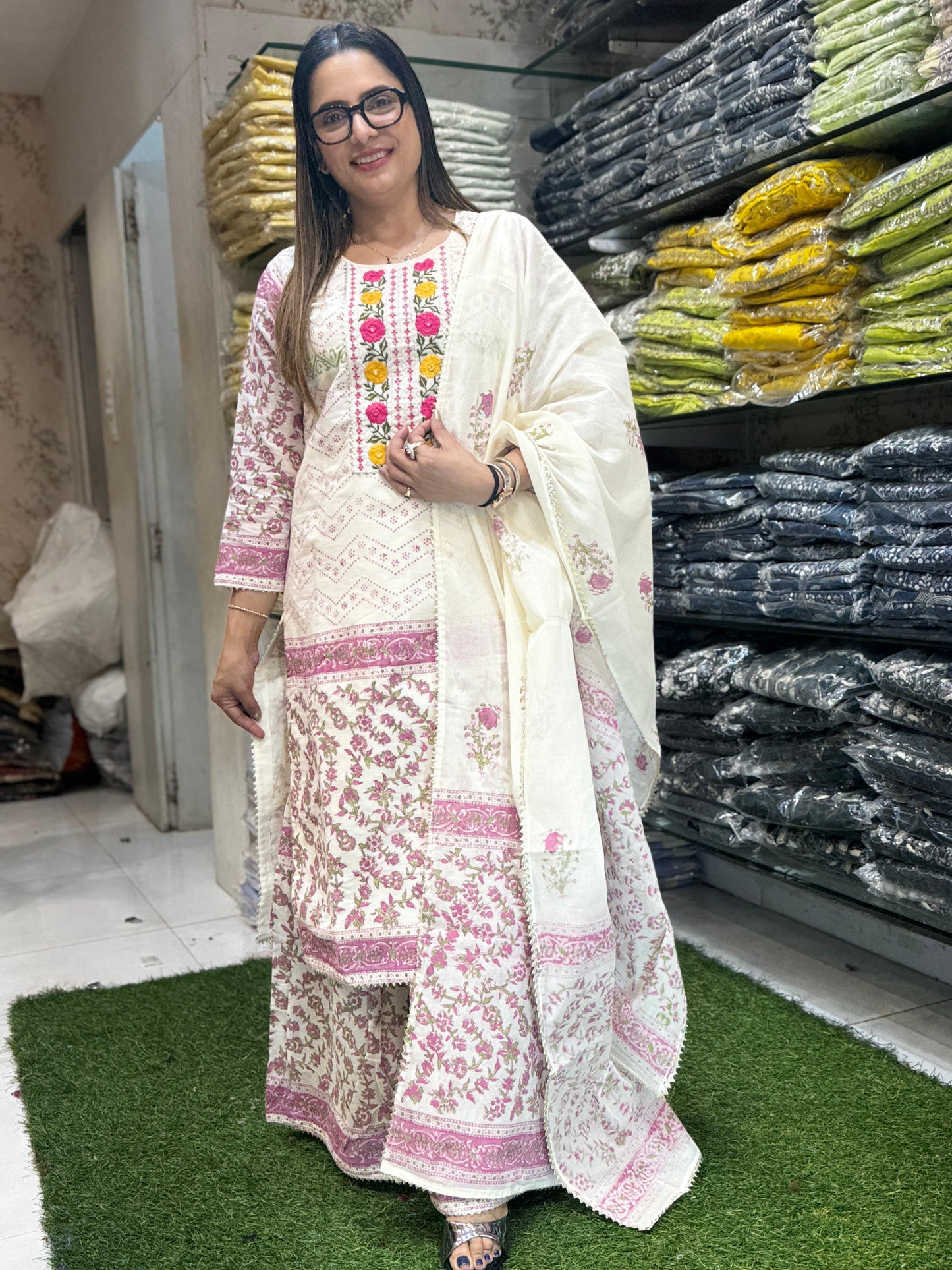 Pure Mull Cotton Cream And Pink 3pc Set