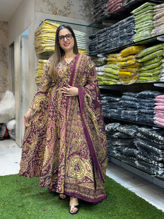 Jaipuri Cotton Anarkali Wine 3pc Set