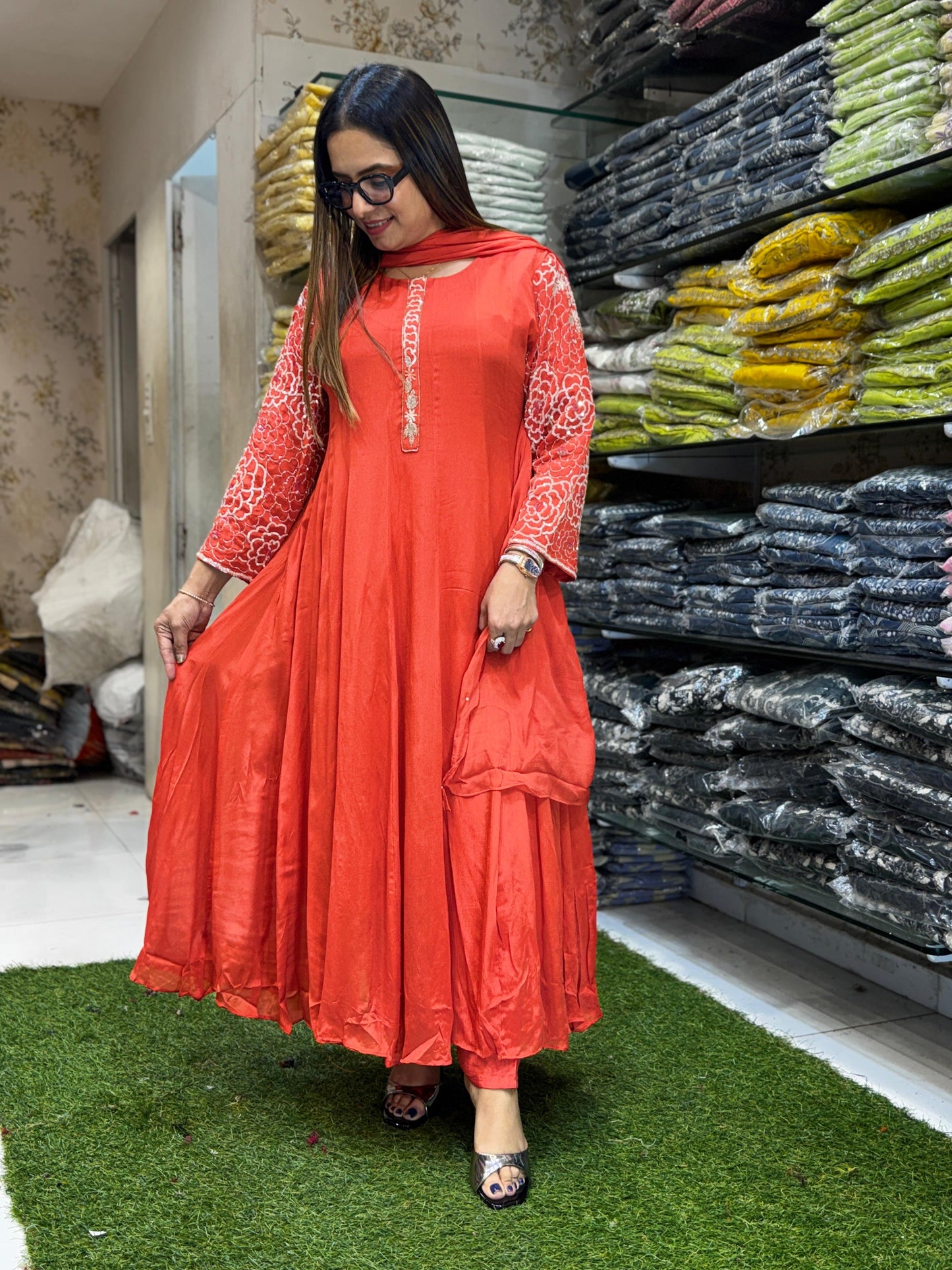 Chinon Orange Anarkali 3pc Set