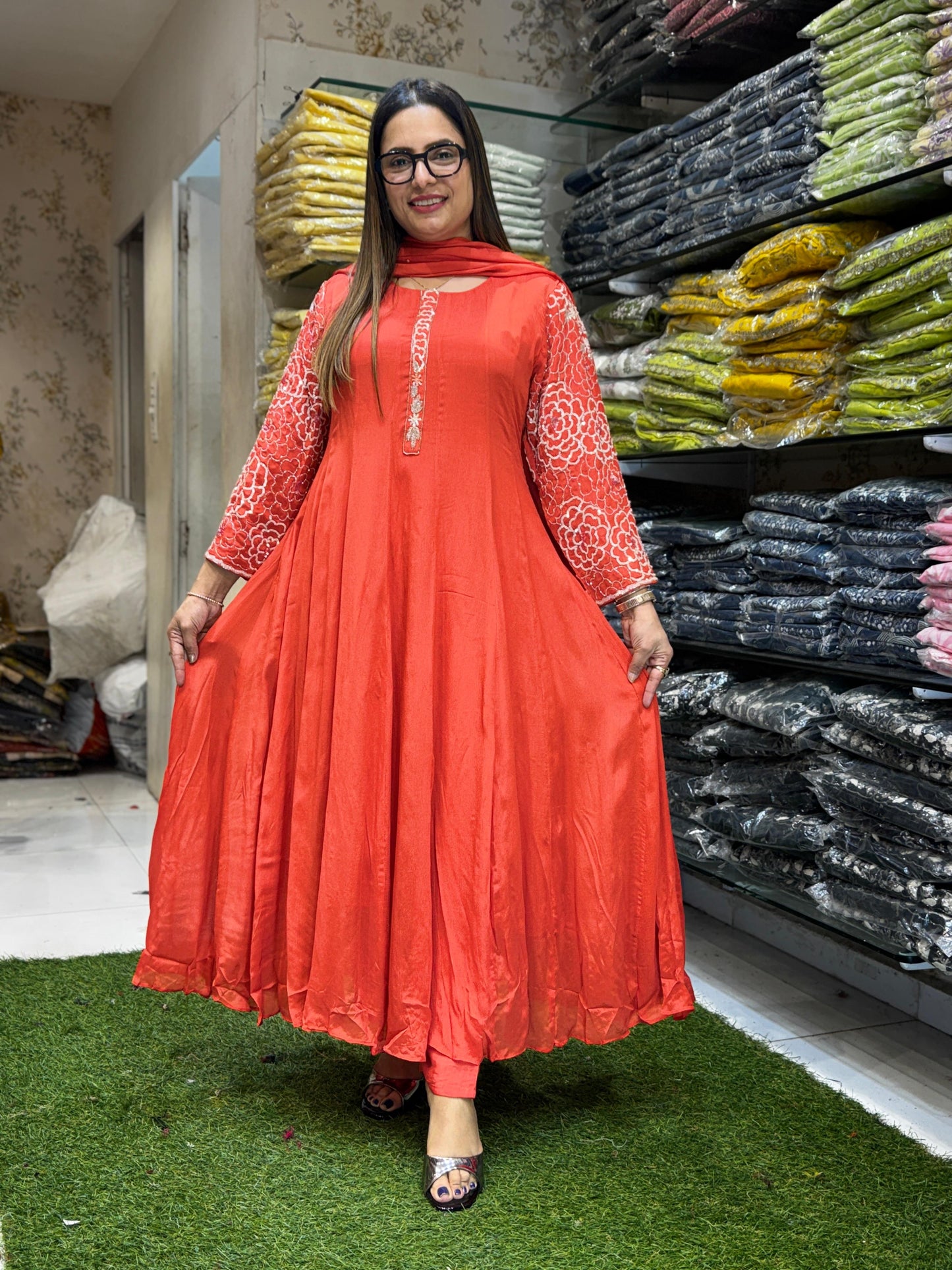 Chinon Orange Anarkali 3pc Set