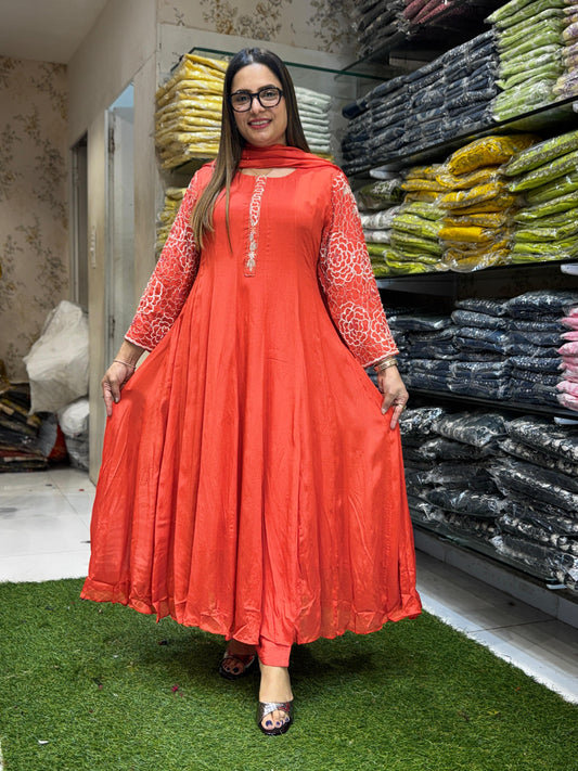 Chinon Orange Anarkali 3pc Set