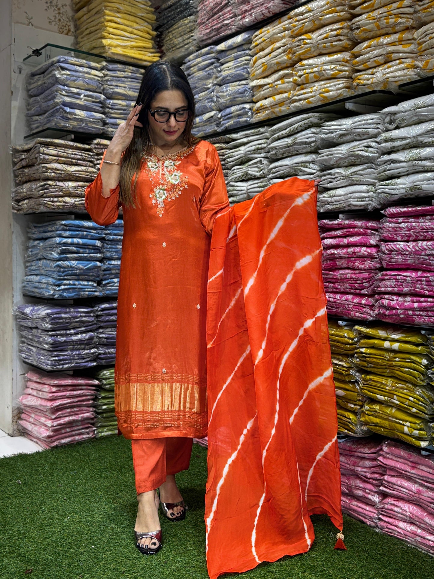 Satin Gaji Orange 3pc Set
