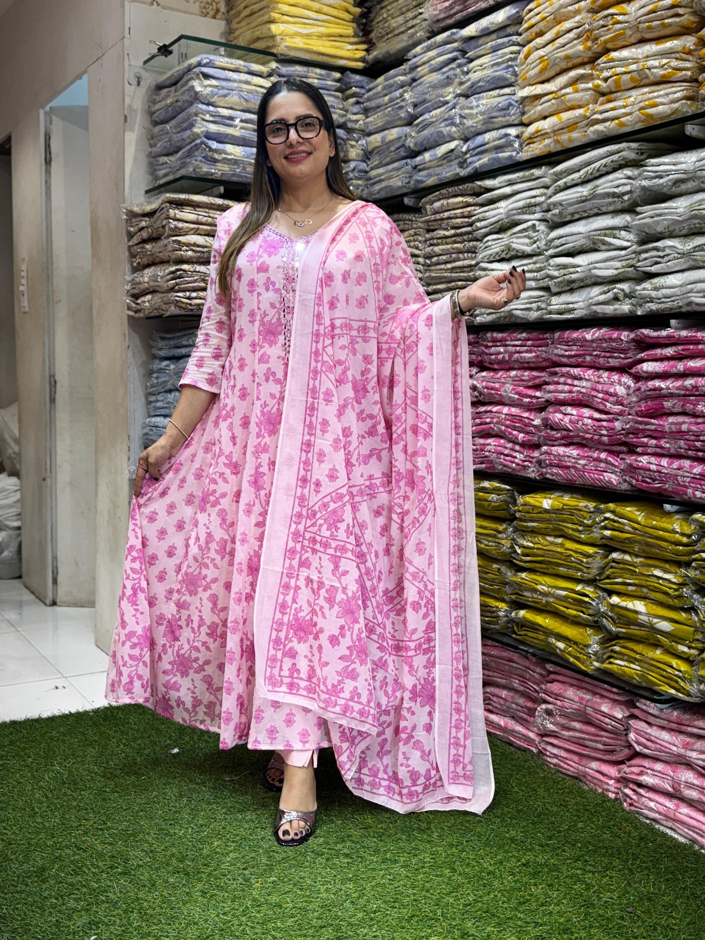 Mull Cotton Pink Shoulder Anarkali 3pc Set