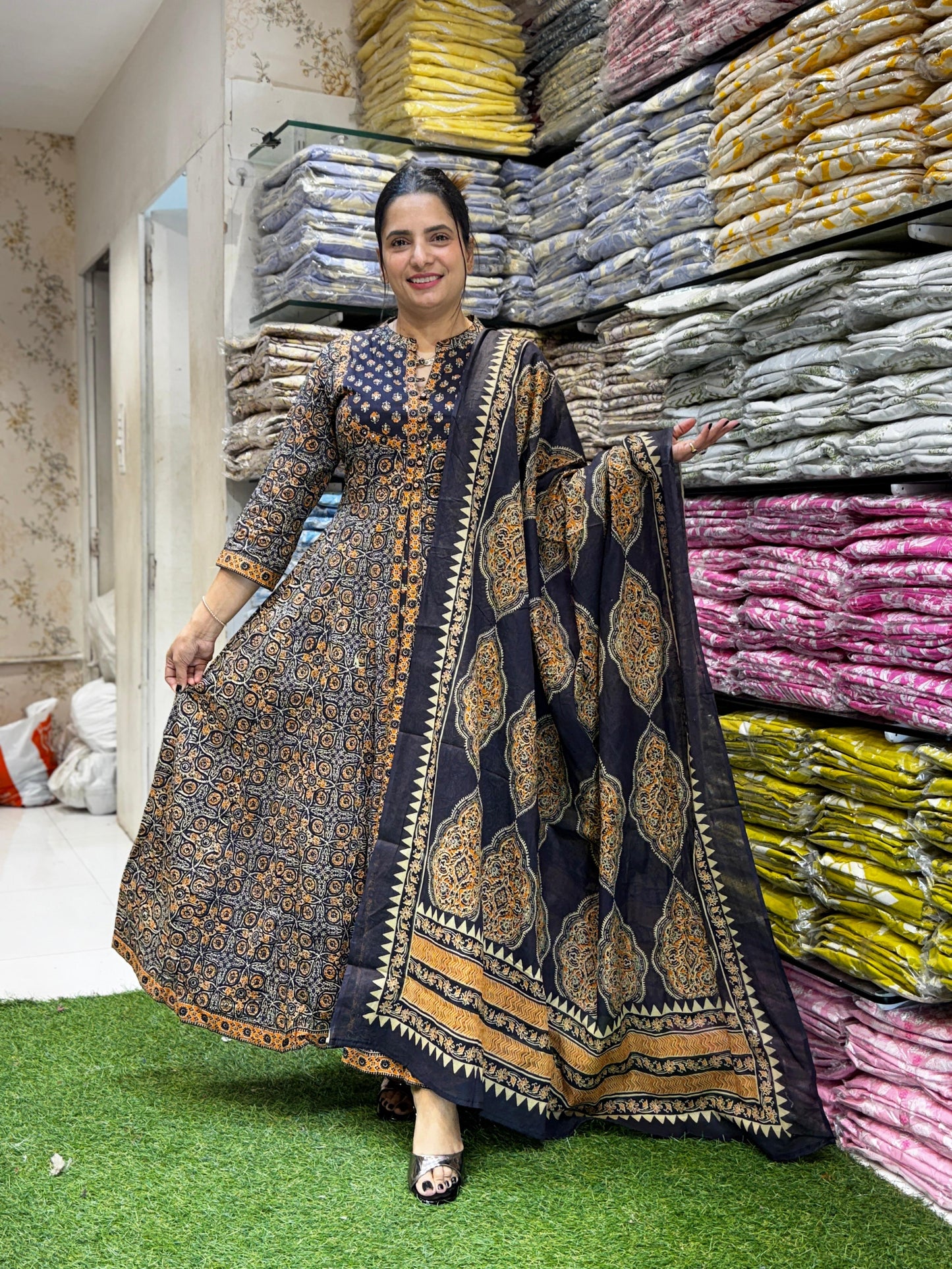 Jaipuri Cotton Charcoal Black One Piece