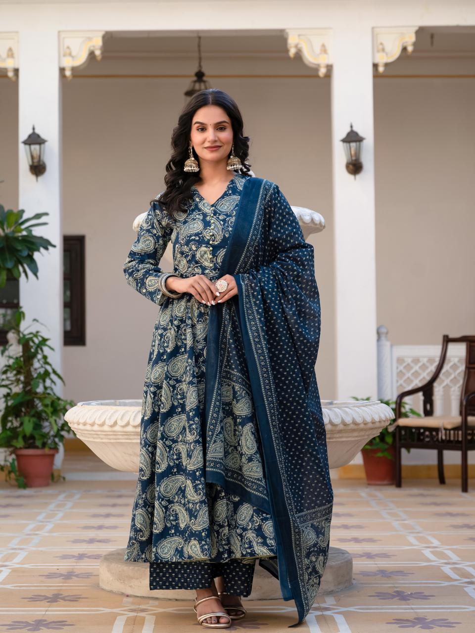 Jaipuri Cotton Blue Anarkali 3pc Set