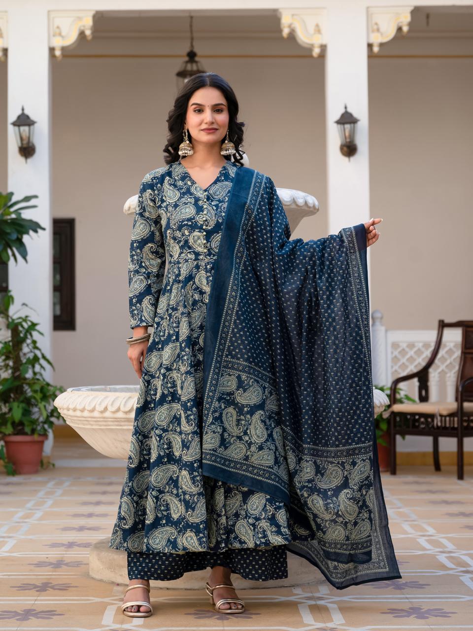 Jaipuri Cotton Blue Anarkali 3pc Set