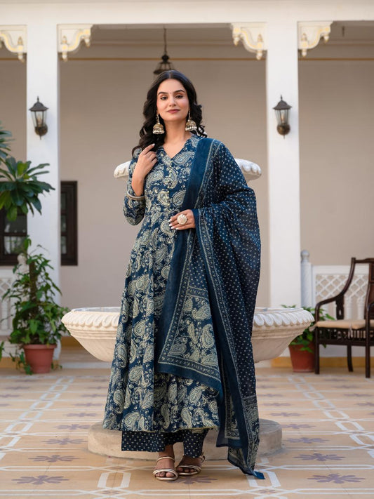 Jaipuri Cotton Blue Anarkali 3pc Set
