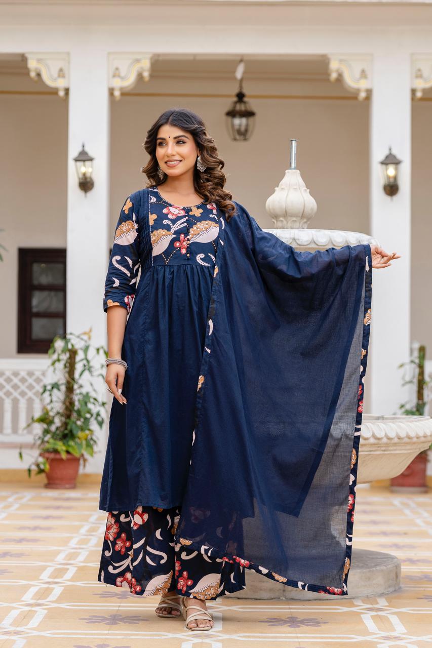 Jaipuri Cotton Blue 3pc Set