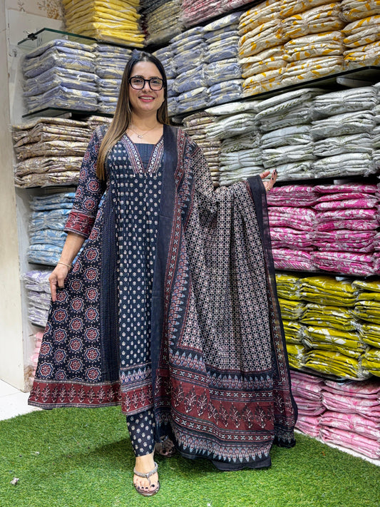 Jaipuri Cotton Black Anarkali 3pc Set