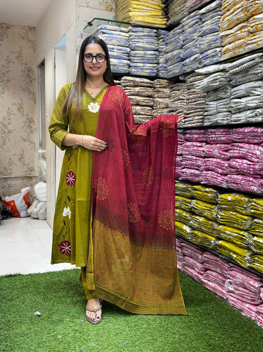 Slub Cotton Mahendi Green 3pc Set