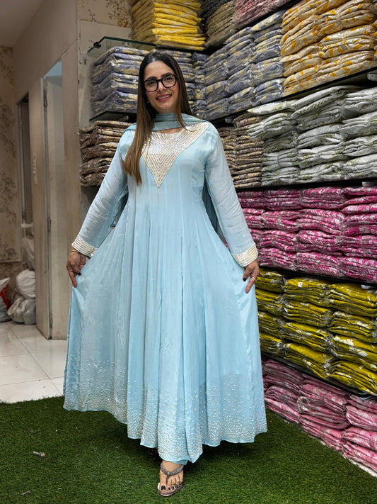 Chinon Sky Blue Anarkali 3pc Set