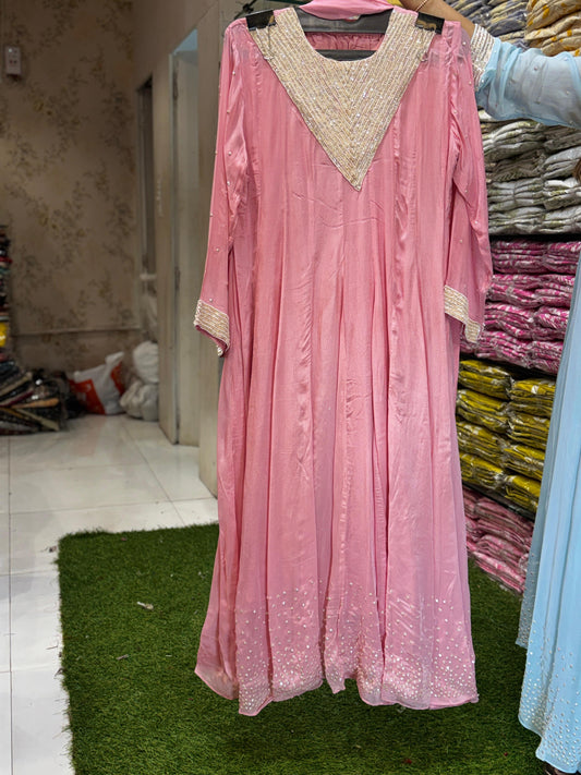 Chinon Pink Anarkali 3pc Set