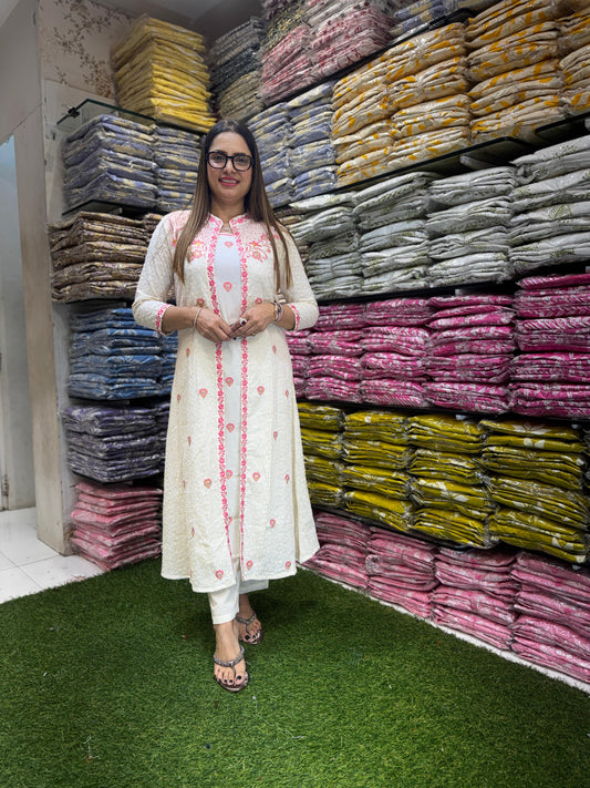 Jaipuri Cotton Off White And Pink 3pc Set