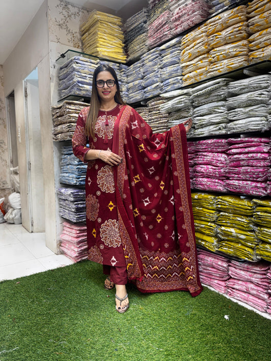 Pure Cotton Dark Maroon 3pc Set