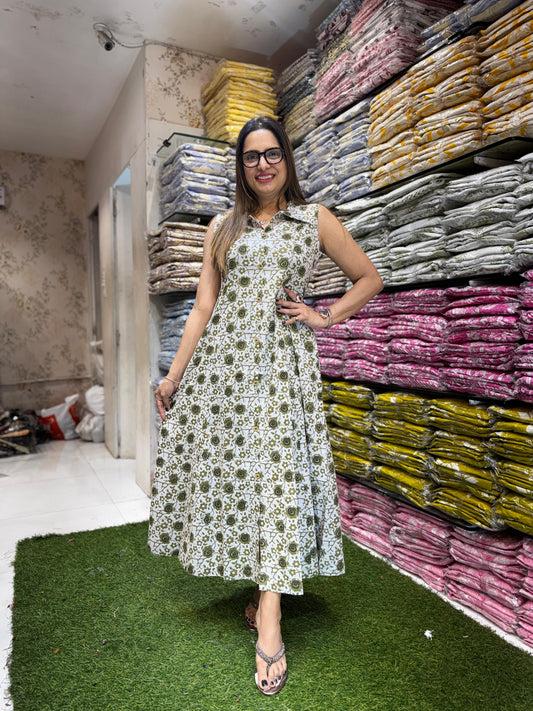 Jaipuri Cotton Gray& Green Midi