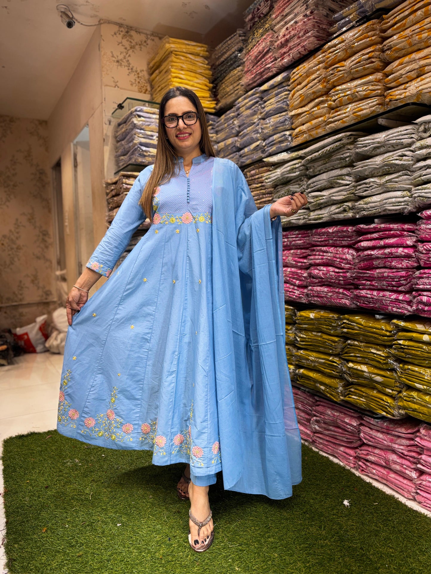 Jaipuri Cotton Sky Blue Anarkali 3pc Set