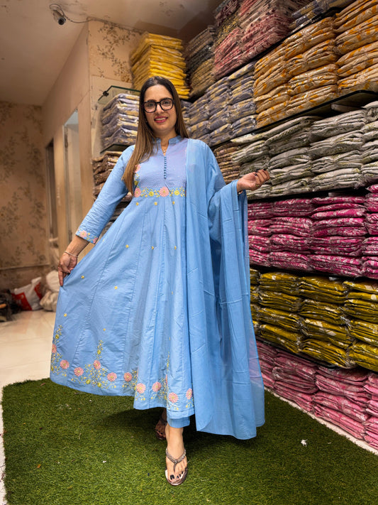 Jaipuri Cotton Sky Blue Anarkali 3pc Set