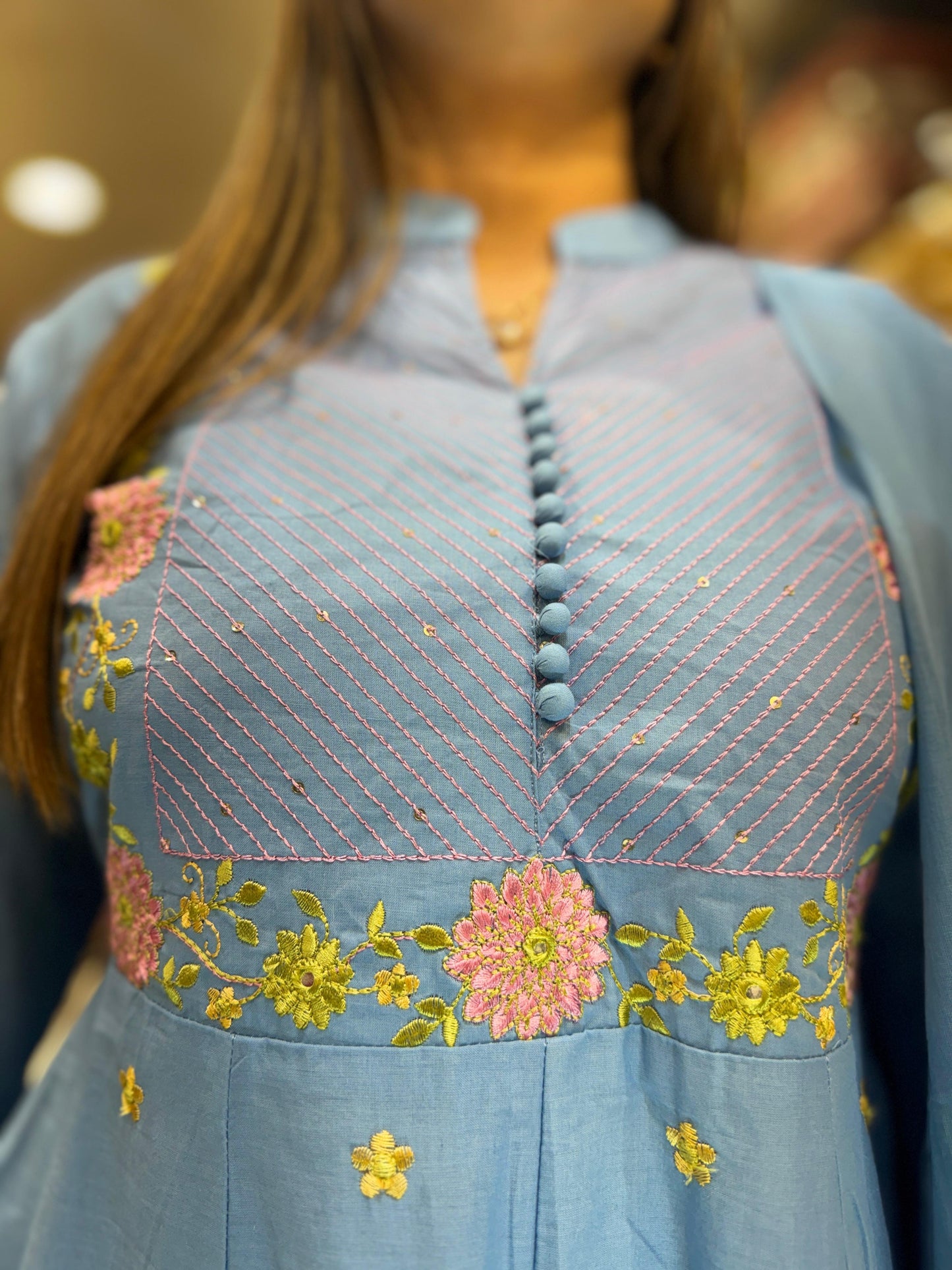 Jaipuri Cotton Sky Blue Anarkali 3pc Set