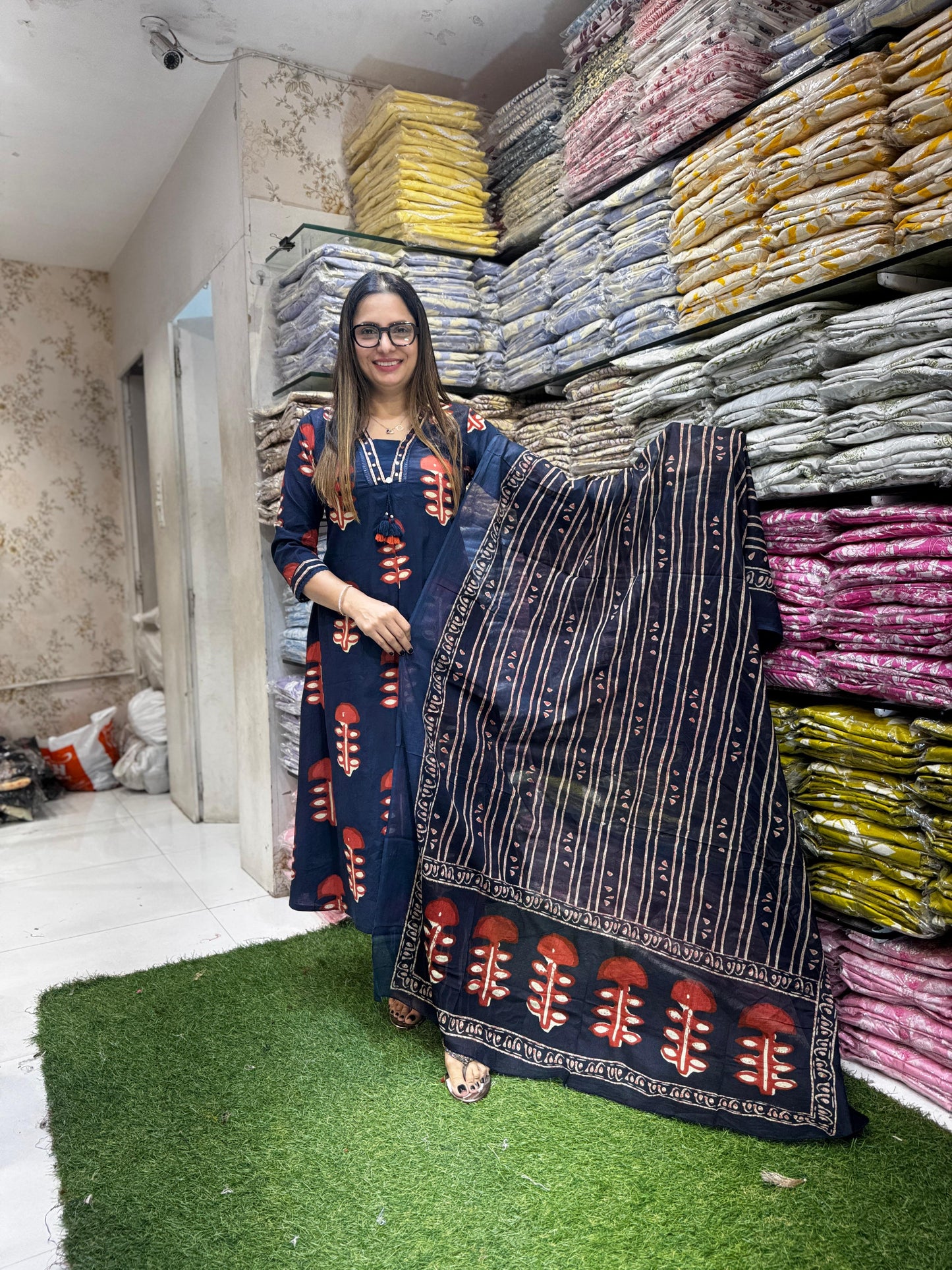 Jaipuri Cotton Navy Blue 3pc Set