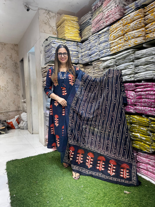 Jaipuri Cotton Navy Blue 3pc Set