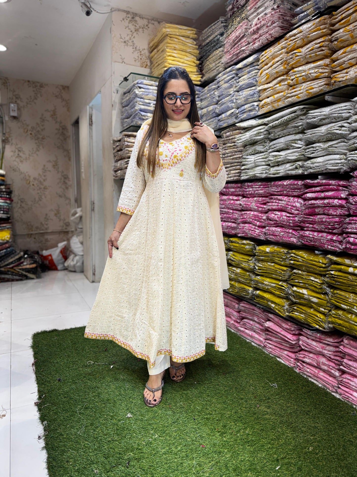 Jaipuri Cotton Anarkali Off White 3pc Set