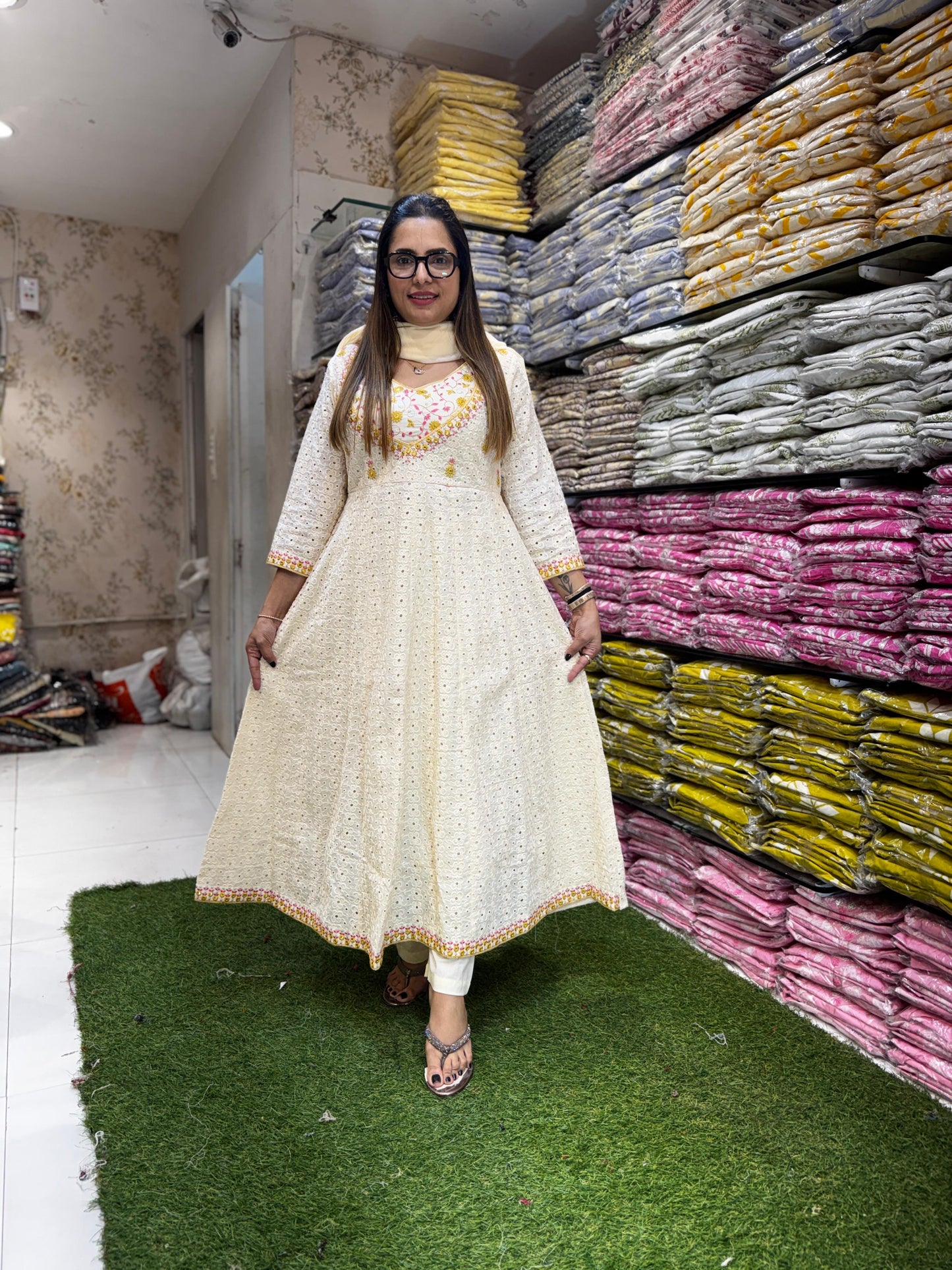 Jaipuri Cotton Anarkali Off White 3pc Set