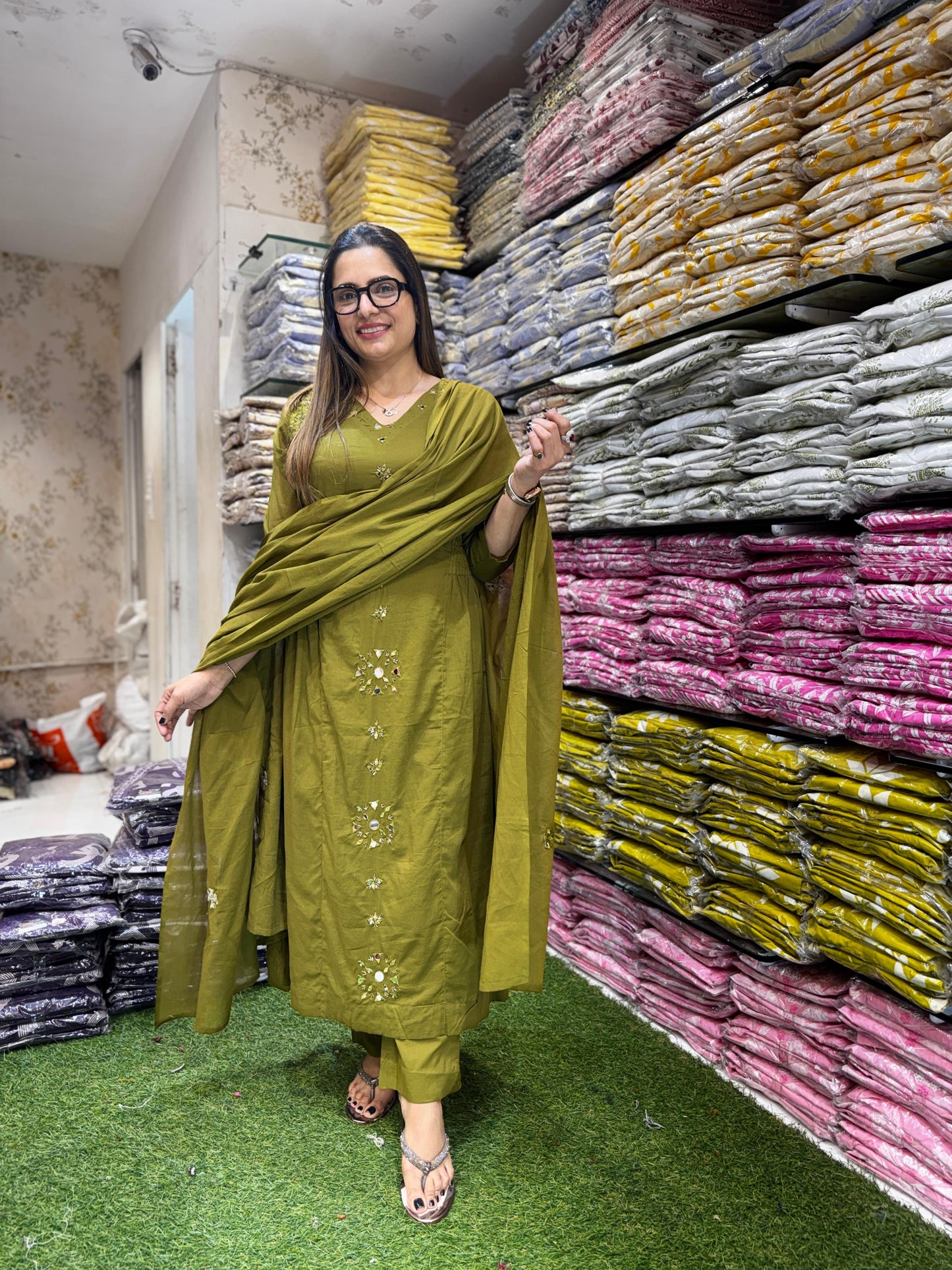 Mull Cotton Mahendi Green 3pc Set