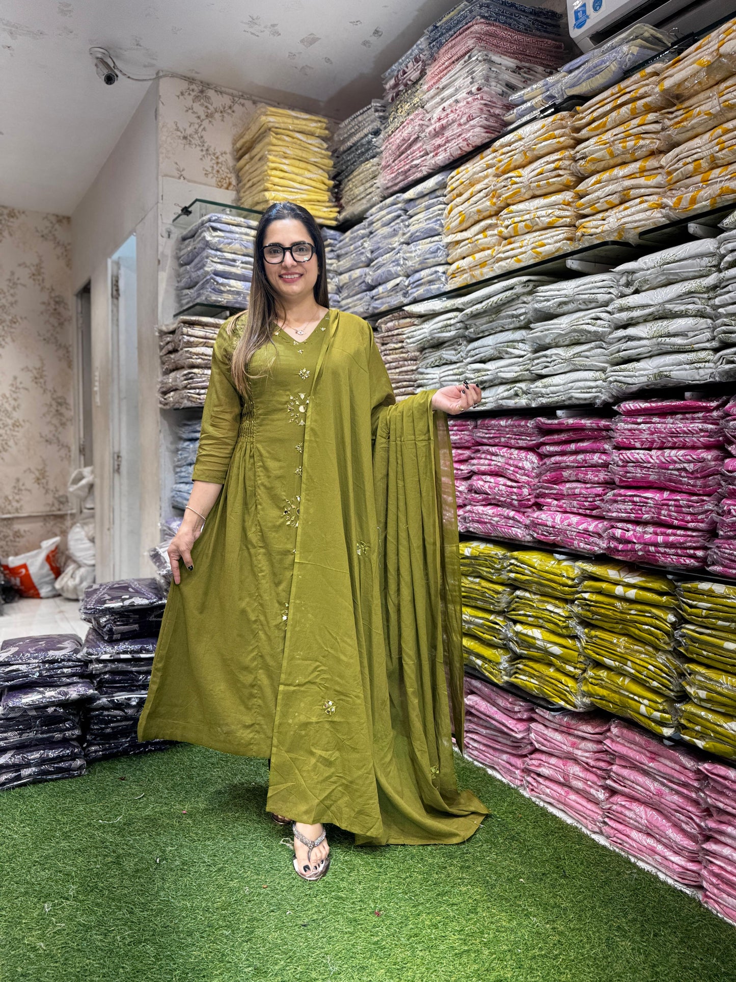 Mull Cotton Mahendi Green 3pc Set